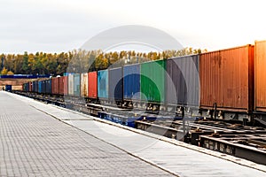 Freight train. Cargo containers transportation by railway.