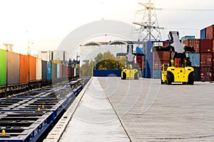 Freight train. Cargo containers transportation by railway.