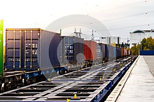 Freight train. Cargo containers transportation by railway.