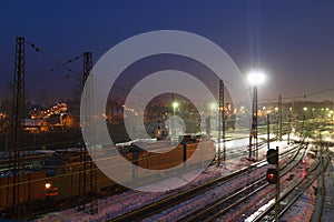 Freight train with carriages move on railways