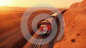 A freight train crossing a barren desert, a solitary figure against the vast expanse of sand