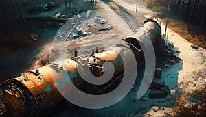 Freight train derailed, wreck of railroad cars and tanks, generative AI photo