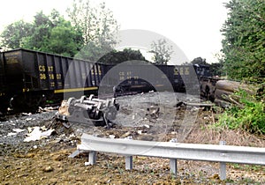 A frieght cars all over the tracks following a train derailment