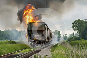Freight train with a fiery explosion on the tracks