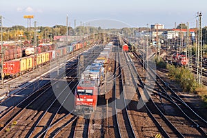 Freight train from german rail, deutsche bahn, drives through the freight yard