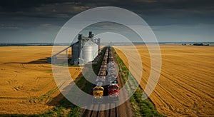 Freight train through golden wheat fields