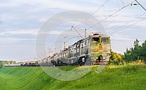 Freight train hauled by diesel locomotive