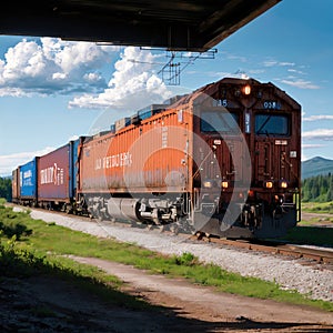 A freight train hauls shipping containers through the rugged landscape. made with Generative AI
