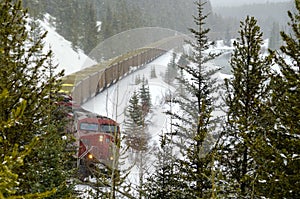 Freight Train in the Mountains during a Blizzard