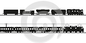 Freight train and passenger train black vector silhouette