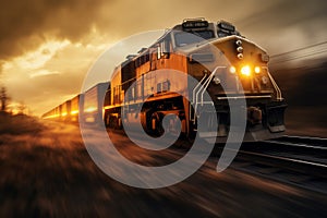 A freight train passes at high speed at sunset
