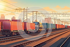 The freight train passes by the station at sunset or sunrise. Wagons with goods delivery. business logistic concept illustration