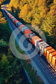 A freight train passing through a dense forest, surrounded by vibrant autumn foliage