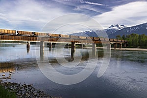 Freight Train Railway Bridge over Columbia River in Revelstoke BC Canada