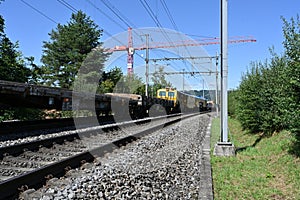 A freight train with railway carriages loaded with concrete sleepers stands on the rails leading to Urdorf.