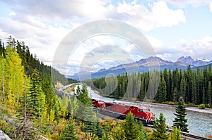 Freight train running in Canadian Rockies in Autumn, Canadian Rockies