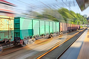 Freight train rushes at high speed past the passenger station