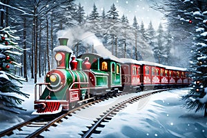 Freight train on a snowy winter road red locomotive
