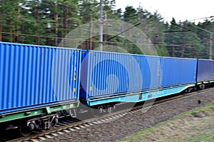 Freight train, transportation of railway cars by cargo containers  shipping.