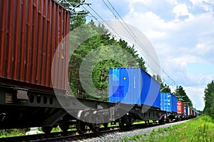 Freight train, transportation of railway cars by cargo containers shipping.