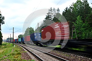 Freight train, transportation of railway cars by cargo containers shipping.