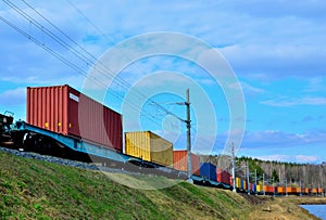 Freight train, transportation of railway cars by cargo containers shipping. Railway logistics concept