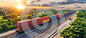 Freight train transporting sea containers along tracks beside lush forest in side view