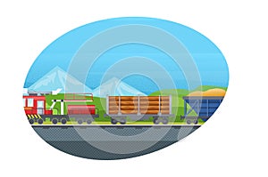 Freight train with wagons, tanks, freight, cisterns. Railway locomotive train with oil wagon, transportation cargo, railway crane