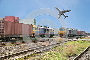 Freight trains in dock with airplane for logistics background