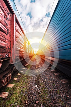 Freight trains, red and blue, stand on a railway