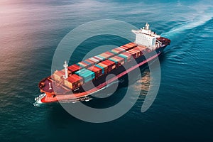 A freight transport by container ship, sea business shipping, aerial drone view, export import logistic