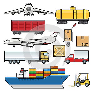 Freight transport icons set. Cargo and delivery, logistics flat outline elements. Freighter ship, truck, lorry, car