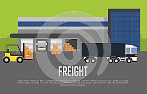 Freight transportation banner with warehouse