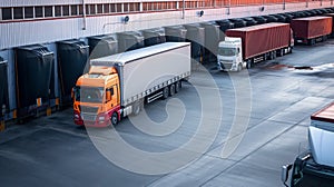 Freight transportation and warehouse logistics, trucks trailer docking at warehouse