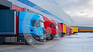 Freight transportation and warehouse logistics, trucks trailer docking at warehouse