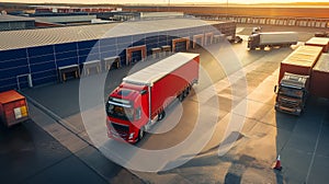 Freight transportation and warehouse logistics, trucks trailer docking at warehouse