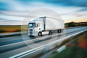 freight transportation, white cargo truck on the road. motion blur