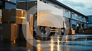 Freight truck and boxes during evening operations at a logistics warehouse hub.