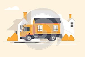 Freight Truck on City Street Next to Skyscrapers and City Apartments: Flat Style Vector Illustration