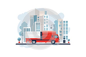 Freight Truck on City Street Next to Skyscrapers and City Apartments: Flat Style Vector Illustration