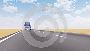 Freight truck driving on empty desert road 3D