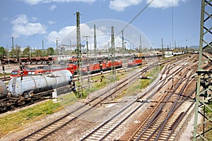 Freight yard, tracks with boiler wagons and locomotives under blue skies