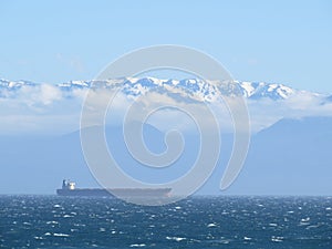 Freighter in fog and rough seas.