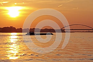 Freighter on river Merwede in the Netherlands