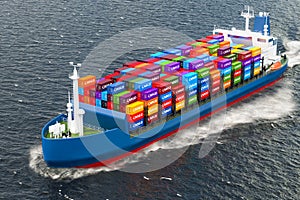 Freighter ship with cargo containers sailing in ocean, 3D render