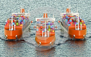 Freighter ships with cargo containers sailing in ocean, 3D rendering
