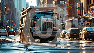 A Freightliner garbage truck in action, underlining its crucial role in waste management