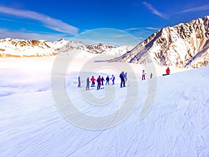 Frence alps ski resort slopes aerial view, France