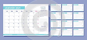 French 2021 planner. Calendar template. Vector illustration. Desk diary grid