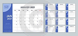 French 2021 planner. Calendar template. Vector illustration. Desk diary grid